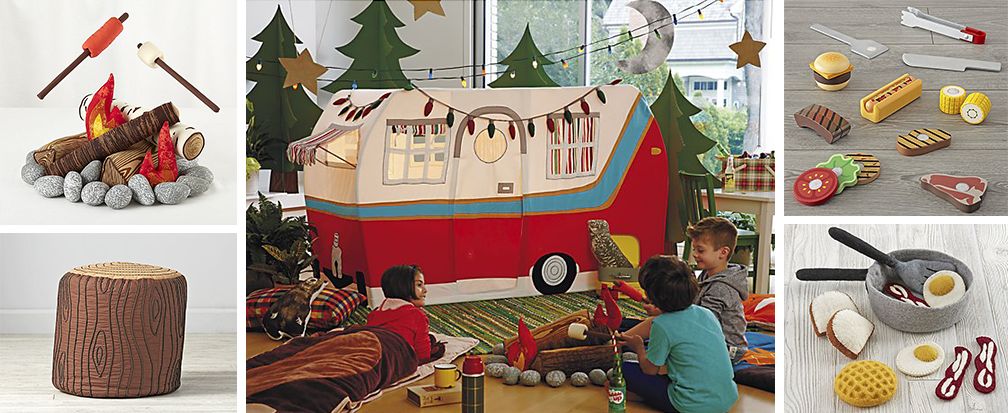 Collage of pictures featuring plush camping accessories and trailer-shaped play tent