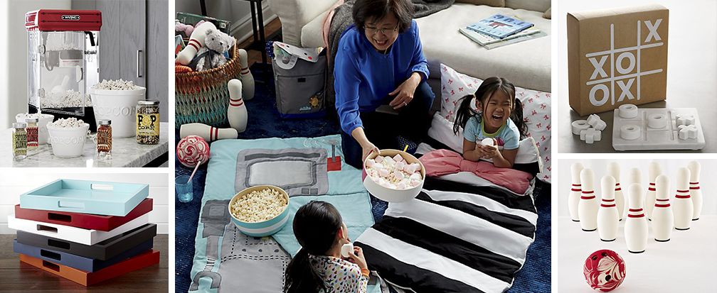 Collage of pictures featuring snacks and games